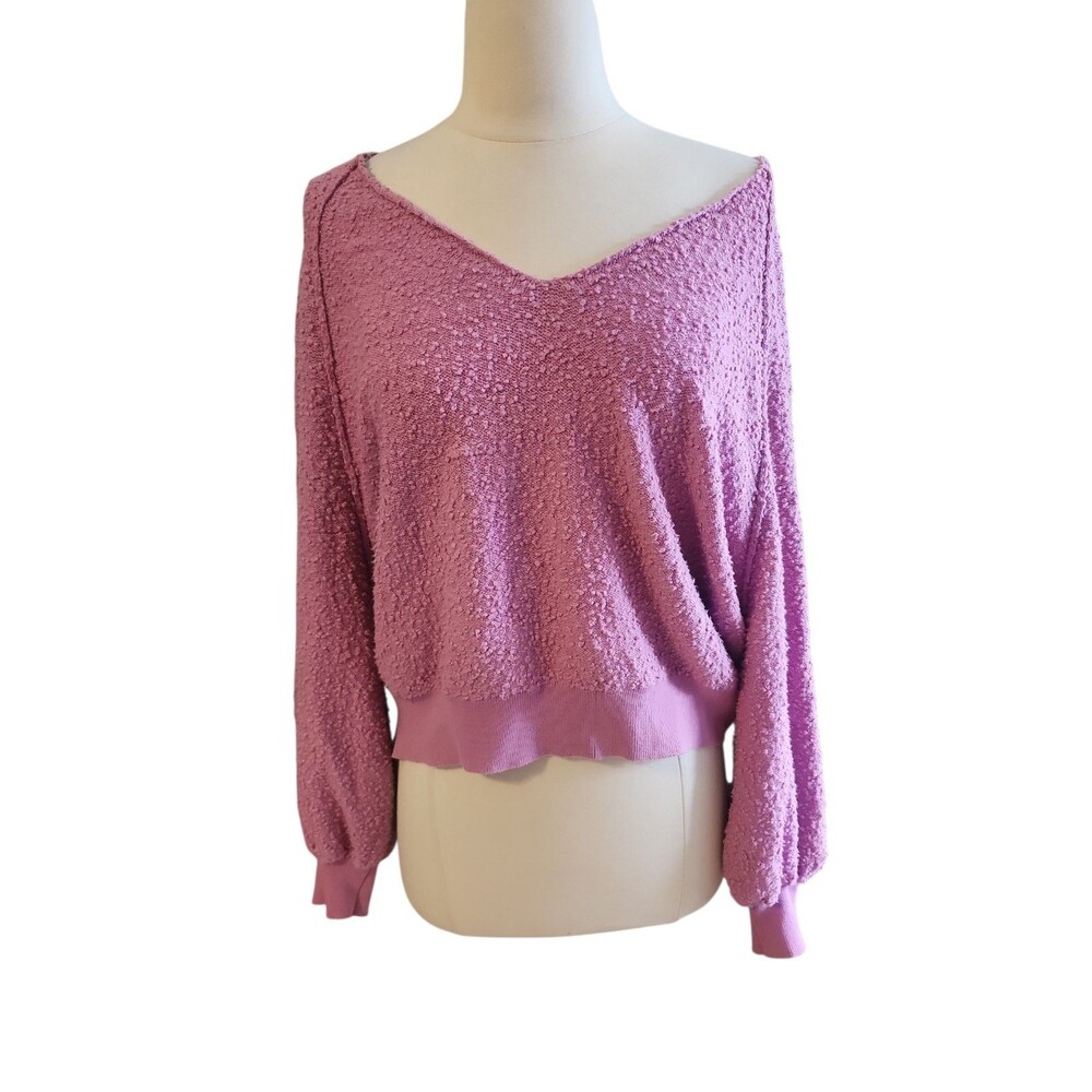 Free People Found My People Boucle Sweater Womens M Lavender Slouchy Boho V Neck